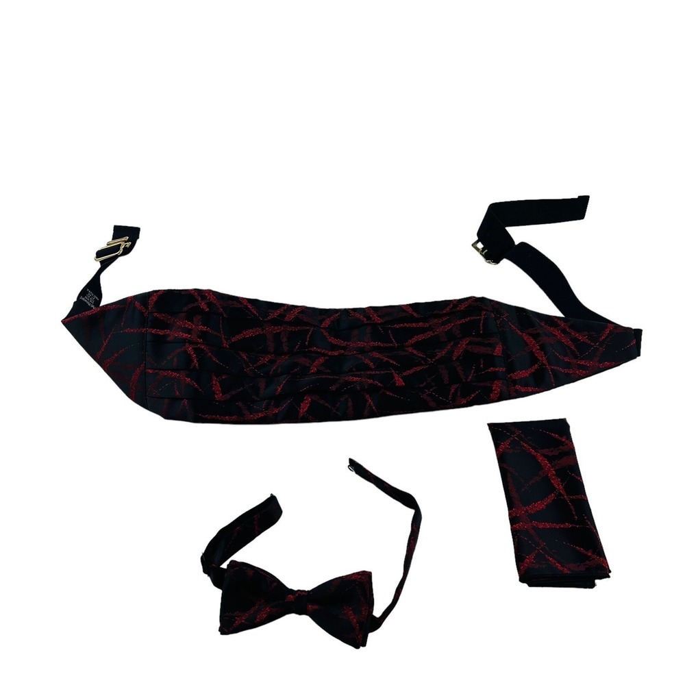 Mel Howard Black w/ Red Design Silk 3 Piece Cummerbund‎ Bowtie and Pocket Square
